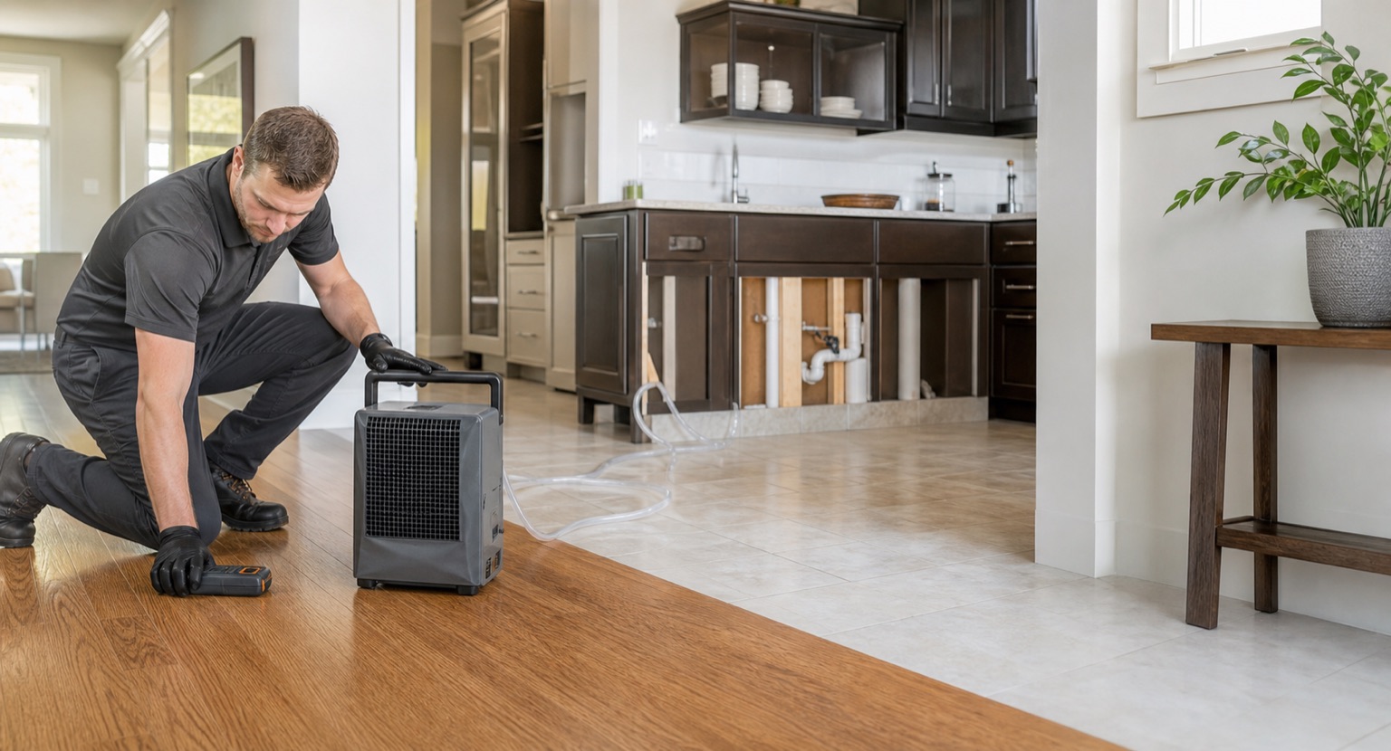 Water damage technician evaluating moisture conditions in a home